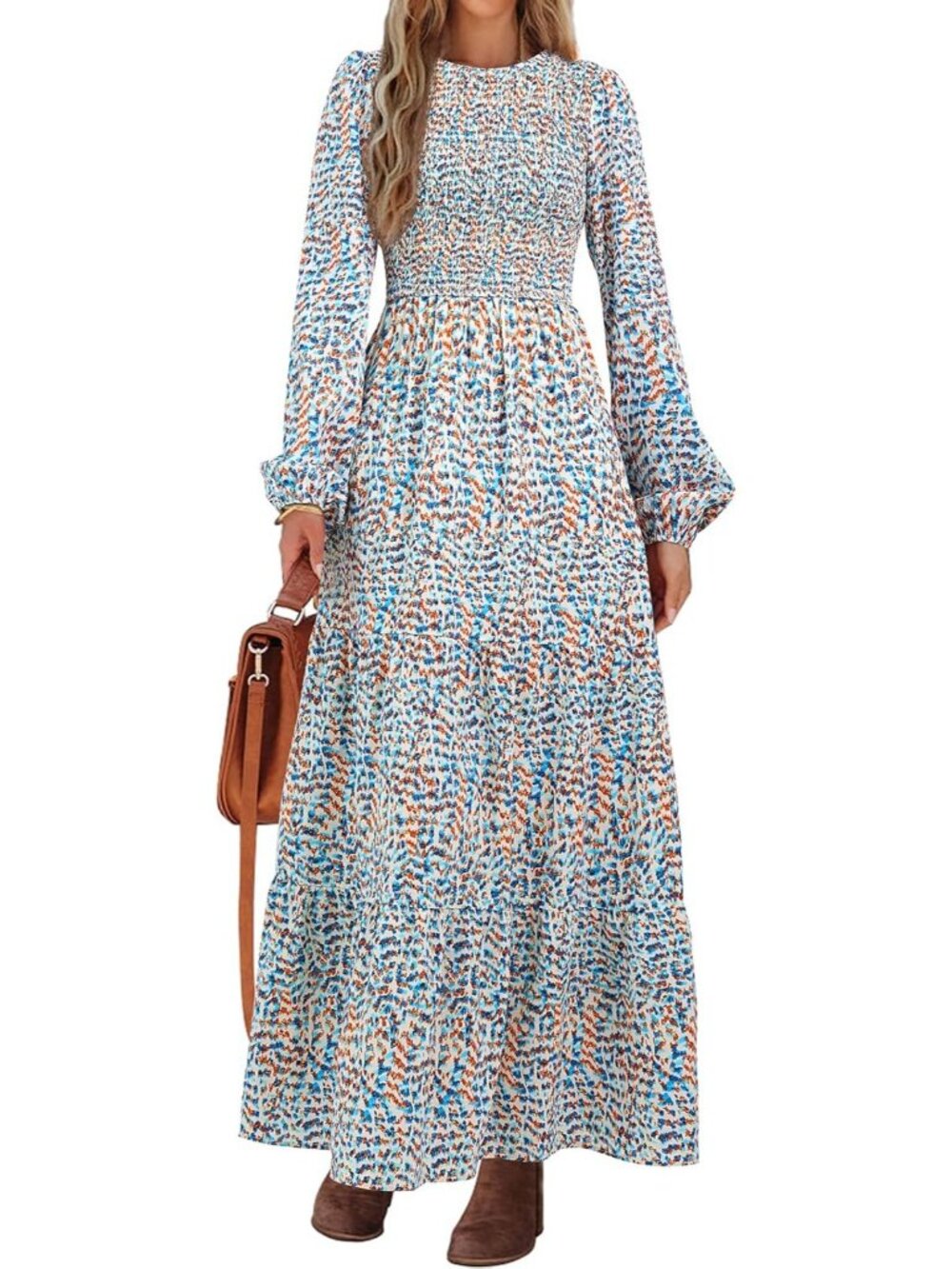 Women's Floral Blue Trendy Outfit Long Sleeve Floral Boho A Line Maxi Fall Dress